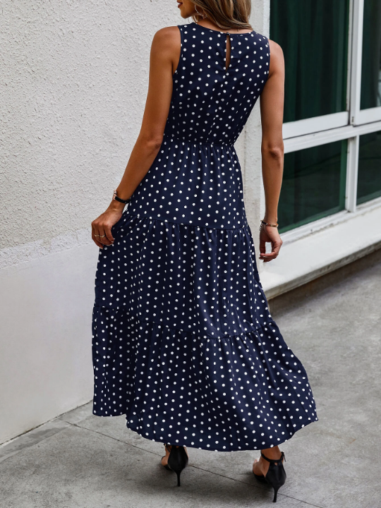 LUNE Polka Dot Sleeveless Ruffle Hem A-line Dress