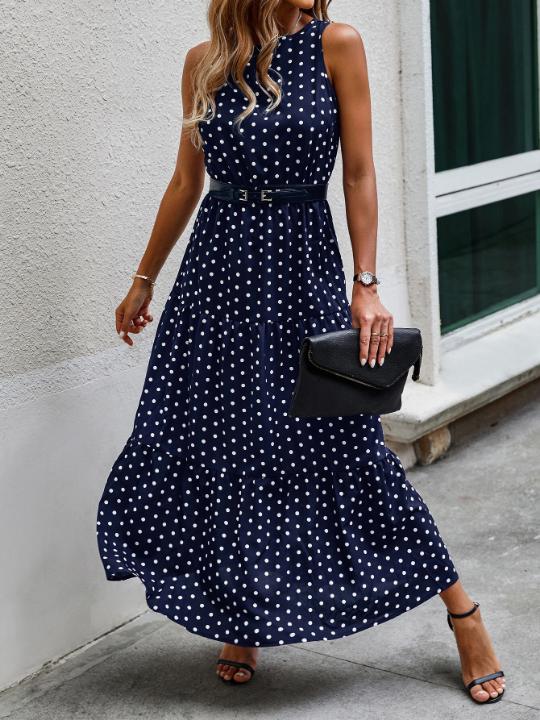 LUNE Polka Dot Sleeveless Ruffle Hem A-line Dress