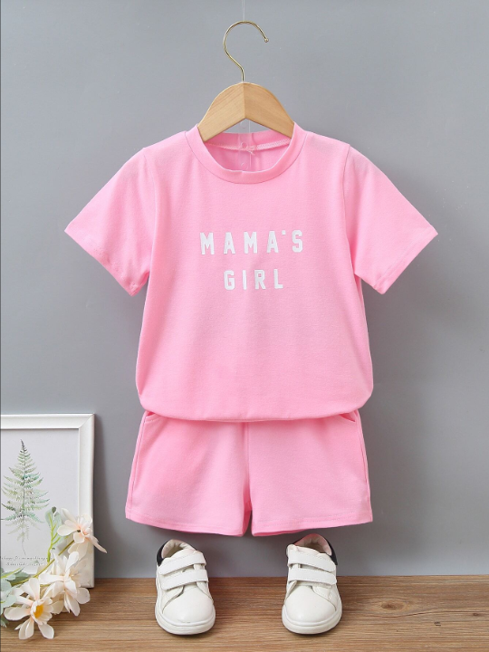 Kids EVRYDAY 2pcs/set Young Girls' Casual Letter Printed Short Sleeve Round Neck T-shirt And Shorts Summer Outfits