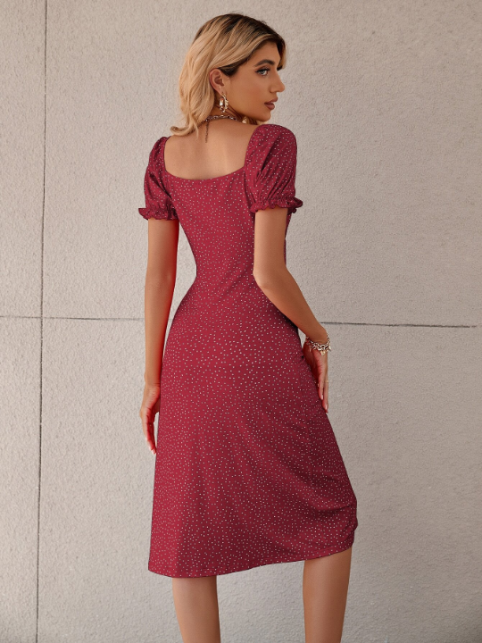 VCAY Polka Dot Puff Sleeve Tie Front Ruched Bust Slit Hem Dress