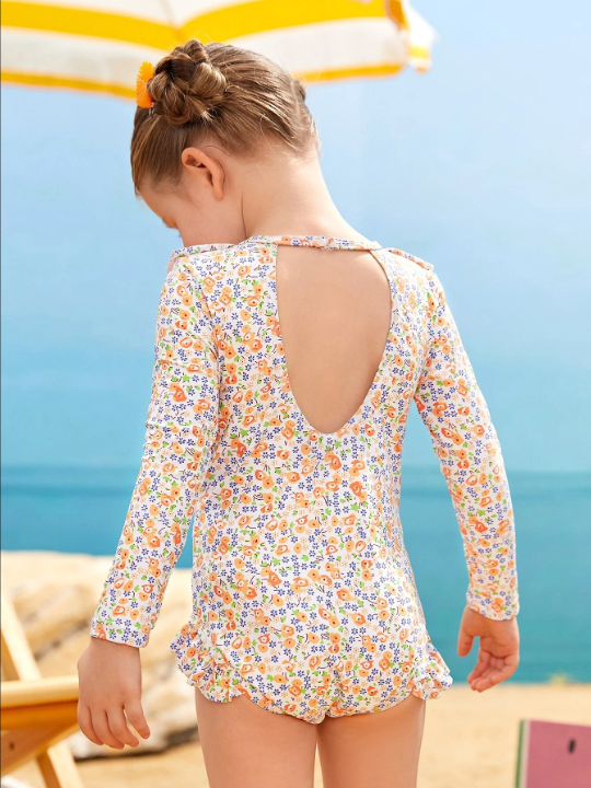 Young Girl Ditsy Floral Ruffle Trim Backless One Piece Swimsuit