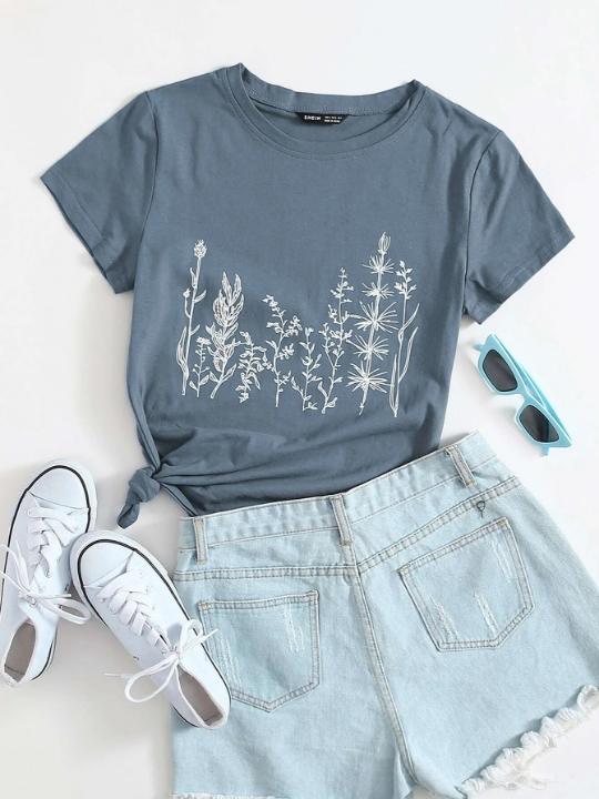 Plant Print Round Neck Tee