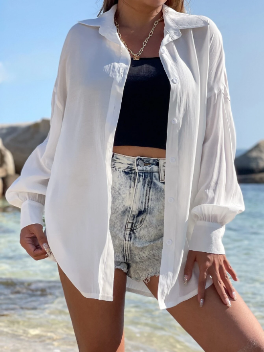 Drop Shoulder Button Up Oversized Shirt