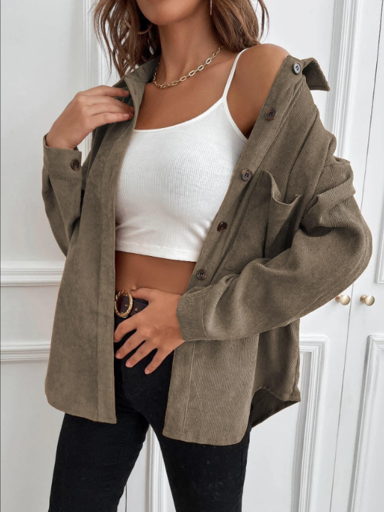 LUNE 1pc Solid Button Up Corduroy Shirt