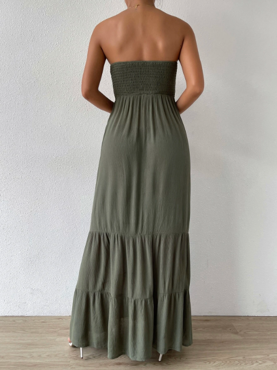 VCAY Shirred Ruffle Hem Maxi Tube Dress