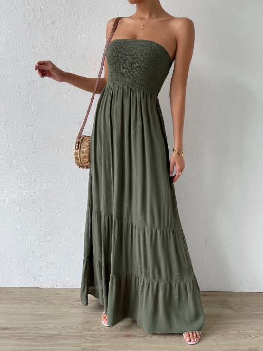 VCAY Shirred Ruffle Hem Maxi Tube Dress