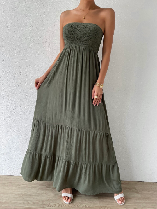 VCAY Shirred Ruffle Hem Maxi Tube Dress