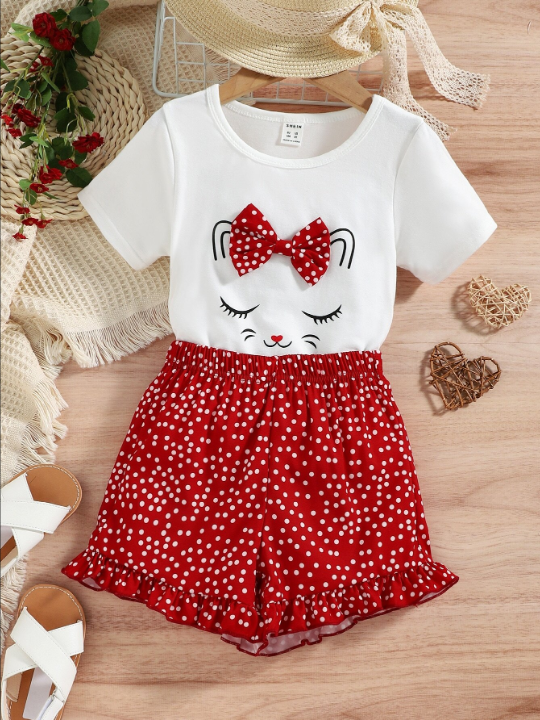 SHEIN Young Girl Cartoon Graphic Bow Front Tee & Polka Dot Print Shorts