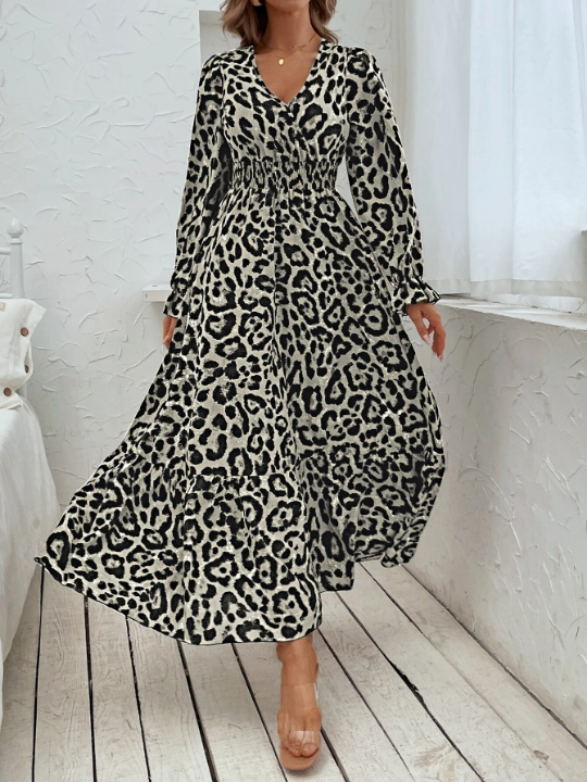 Leopard Print Flounce Sleeve Shirred Dress