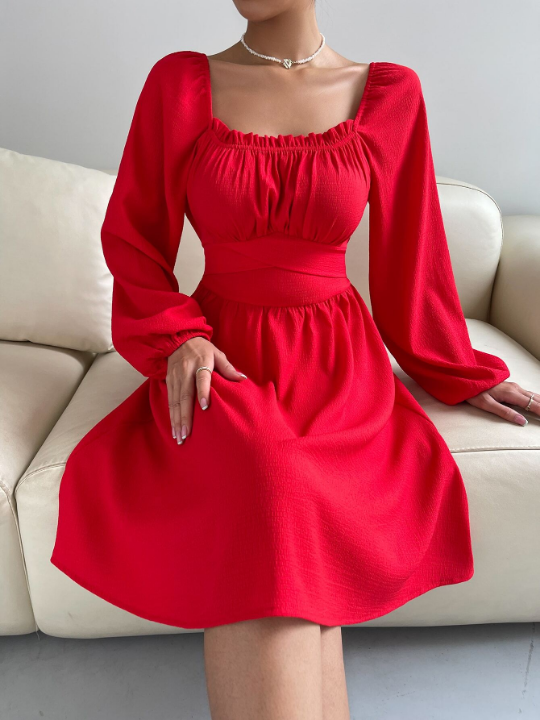 Frenchy Bishop Sleeve Frill Trim Knot Back Dress