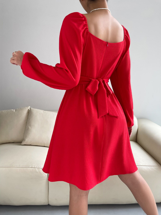 Frenchy Bishop Sleeve Frill Trim Knot Back Dress