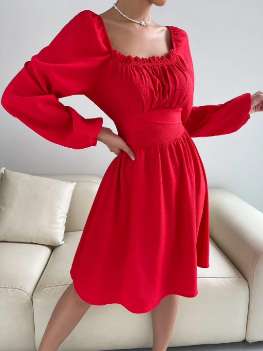 Frenchy Bishop Sleeve Frill Trim Knot Back Dress