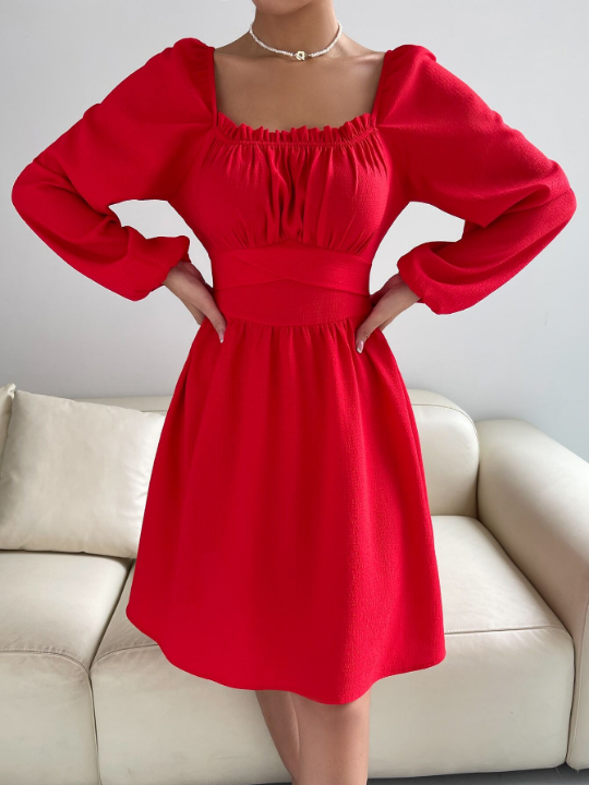 Frenchy Bishop Sleeve Frill Trim Knot Back Dress