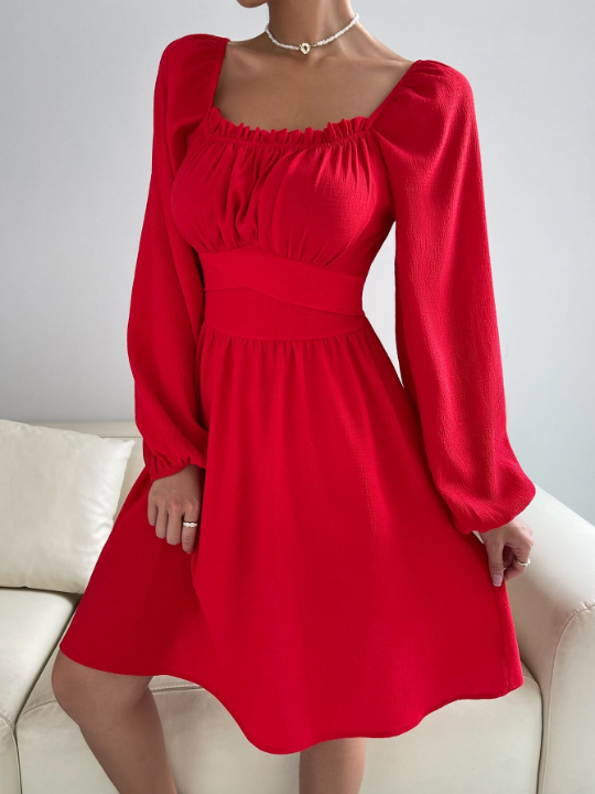 Frenchy Bishop Sleeve Frill Trim Knot Back Dress