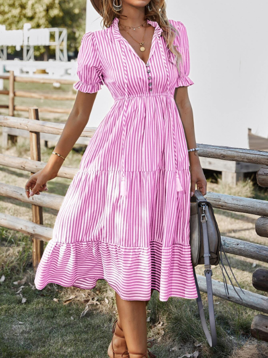 Frenchy Striped Print Puff Sleeve Ruffle Hem Dress