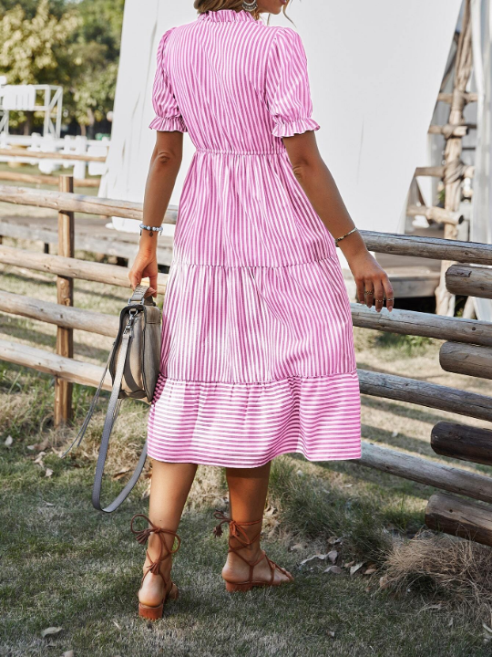 Frenchy Striped Print Puff Sleeve Ruffle Hem Dress