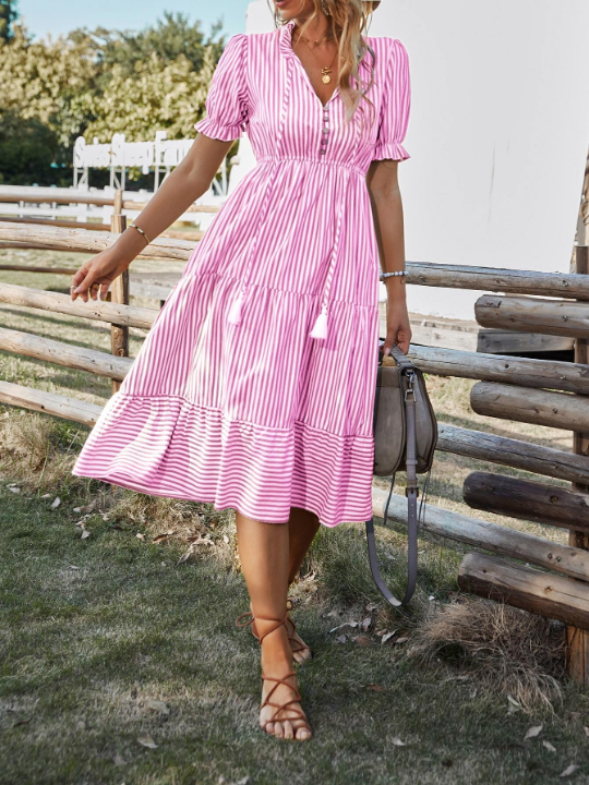 Frenchy Striped Print Puff Sleeve Ruffle Hem Dress