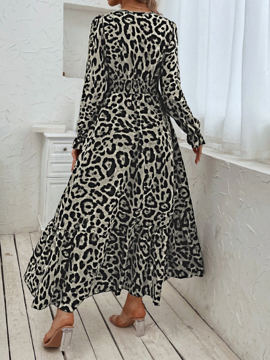 Leopard Print Flounce Sleeve Shirred Dress