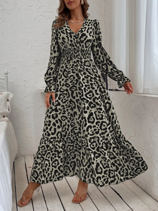 Leopard Print Flounce Sleeve Shirred Dress