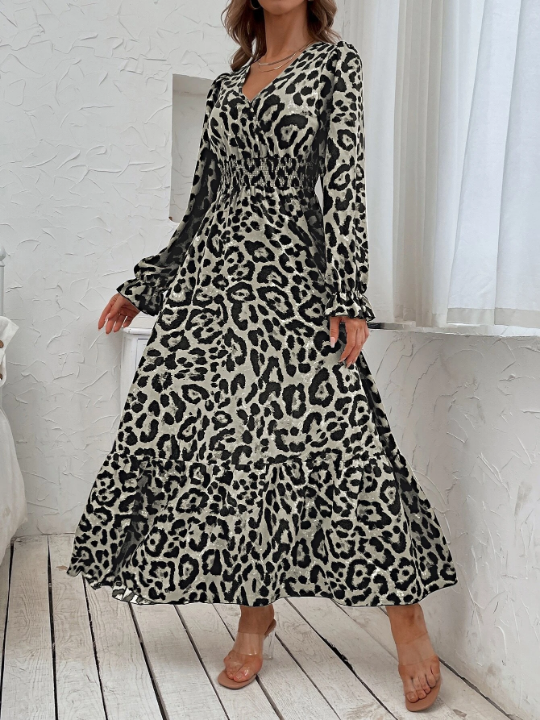 Leopard Print Flounce Sleeve Shirred Dress