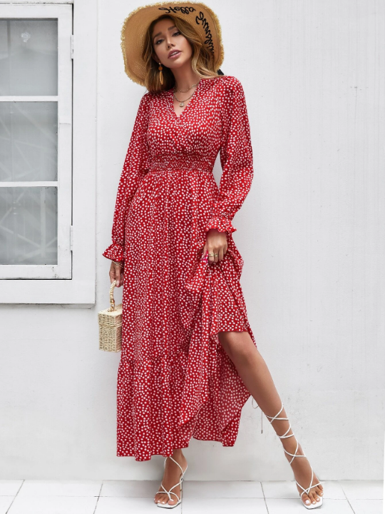 Ditsy Floral Print Flounce Sleeve Shirred Dress