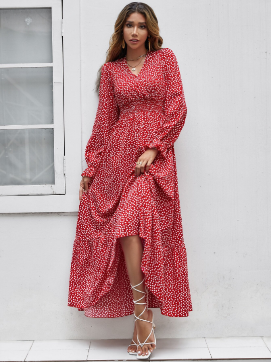 Ditsy Floral Print Flounce Sleeve Shirred Dress