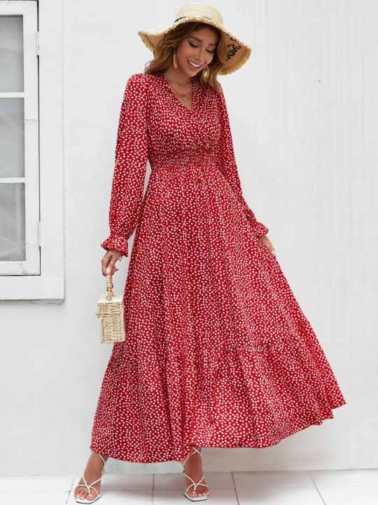 Ditsy Floral Print Flounce Sleeve Shirred Dress