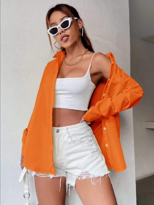 Neon Orange Drop Shoulder Pocket Front Oversized Shirt