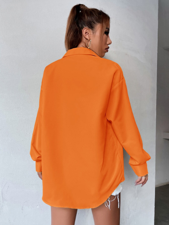 Neon Orange Drop Shoulder Pocket Front Oversized Shirt