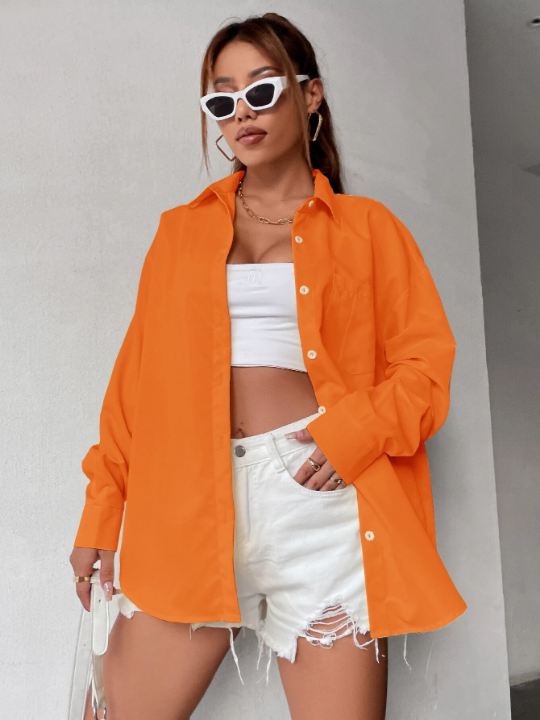 Neon Orange Drop Shoulder Pocket Front Oversized Shirt