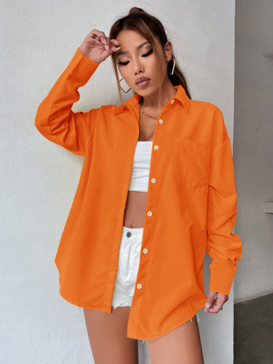 Neon Orange Drop Shoulder Pocket Front Oversized Shirt