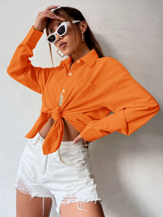 Neon Orange Drop Shoulder Pocket Front Oversized Shirt