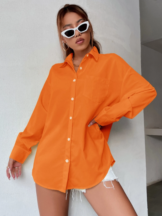 Neon Orange Drop Shoulder Pocket Front Oversized Shirt