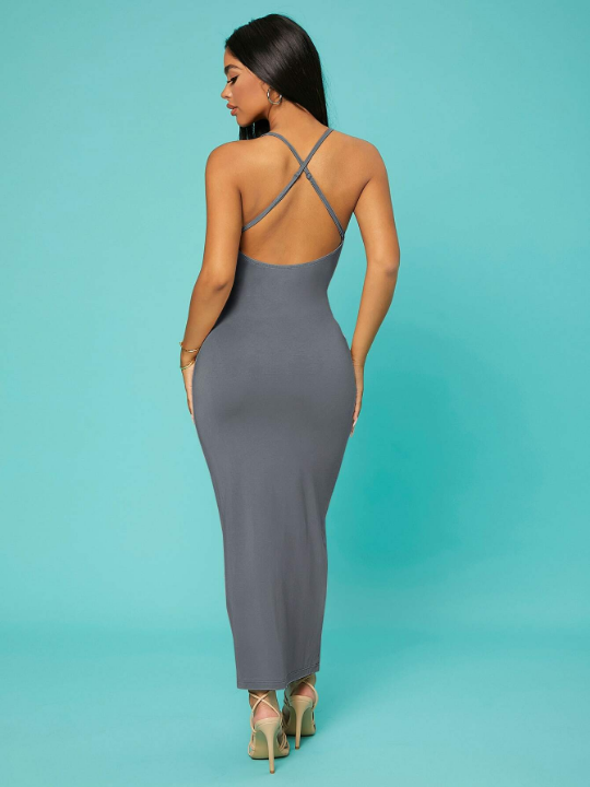 SXY Solid Criss-cross Backless Bodycon Dress