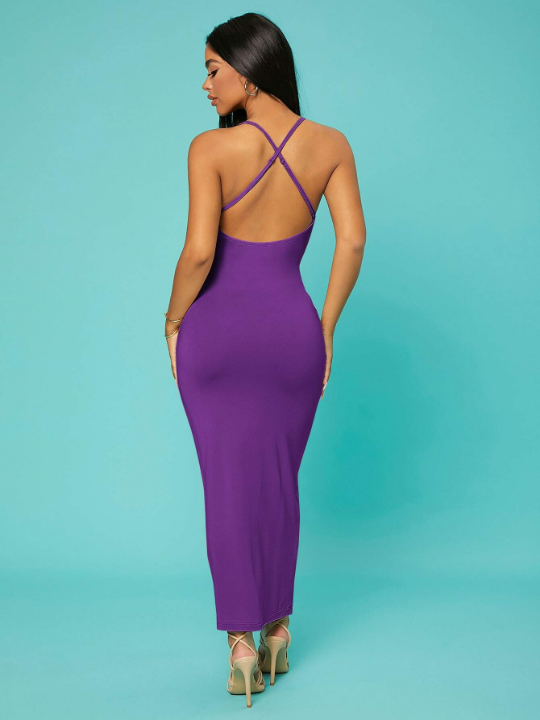 SXY Solid Criss-cross Backless Bodycon Dress