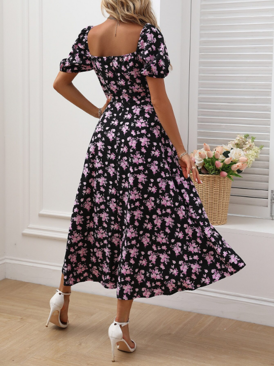 LUNE Allover Floral Knot Split Thigh A-line Dress