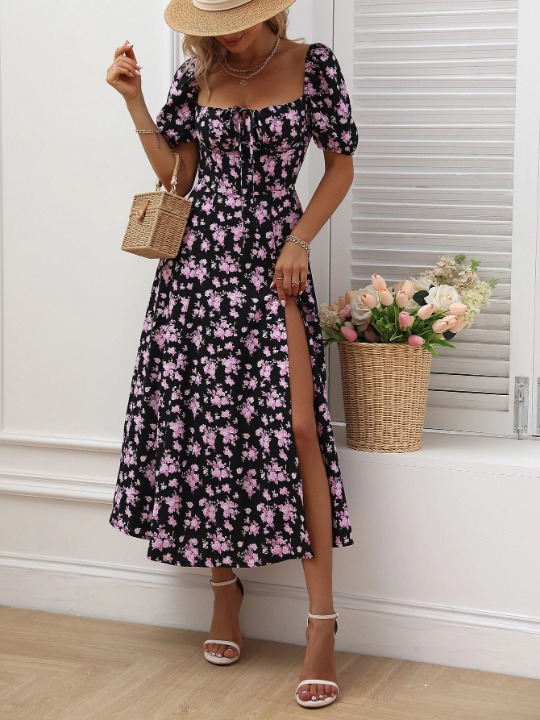 LUNE Allover Floral Knot Split Thigh A-line Dress