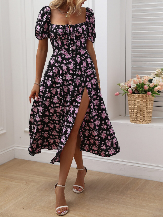 LUNE Allover Floral Knot Split Thigh A-line Dress