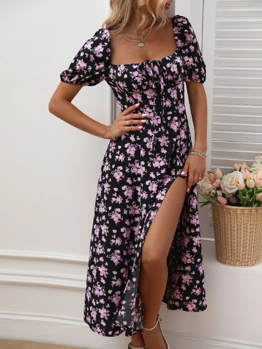 LUNE Allover Floral Knot Split Thigh A-line Dress