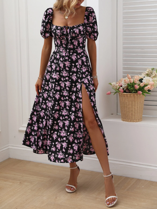 LUNE Allover Floral Knot Split Thigh A-line Dress