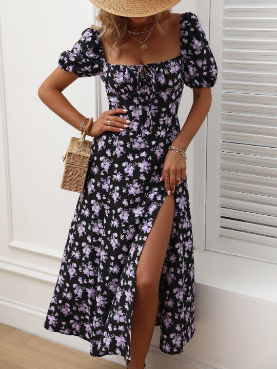 LUNE Allover Floral Knot Split Thigh A-line Dress