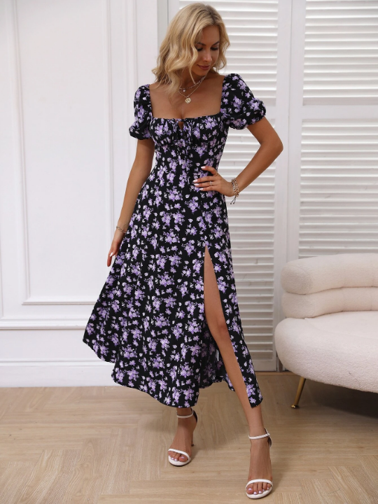 LUNE Allover Floral Knot Split Thigh A-line Dress