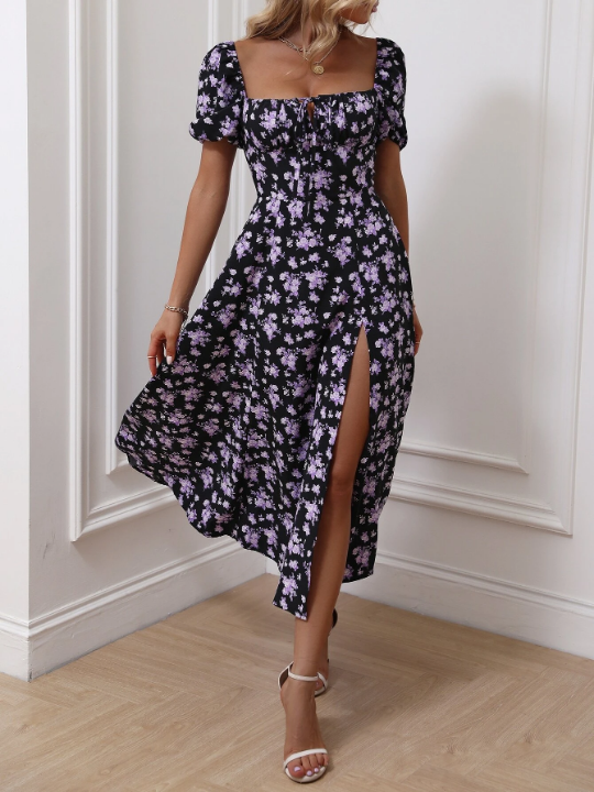 LUNE Allover Floral Knot Split Thigh A-line Dress