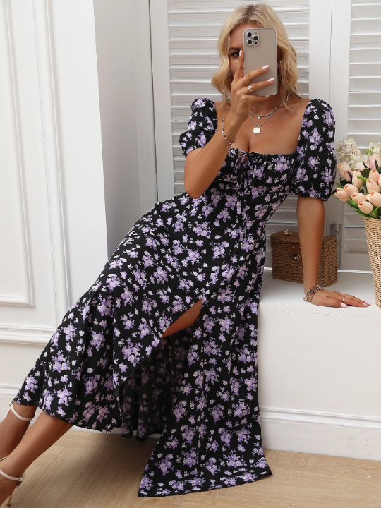 LUNE Allover Floral Knot Split Thigh A-line Dress