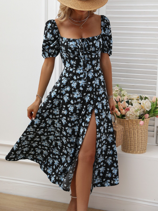 LUNE Allover Floral Knot Split Thigh A-line Dress