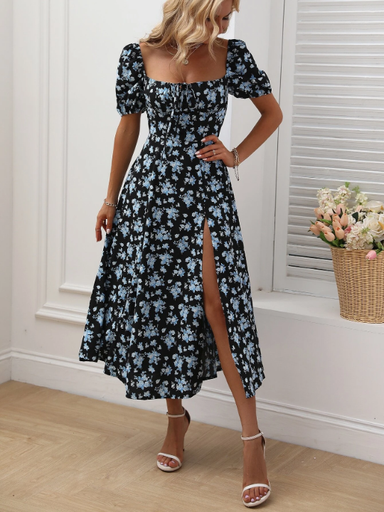 LUNE Allover Floral Knot Split Thigh A-line Dress