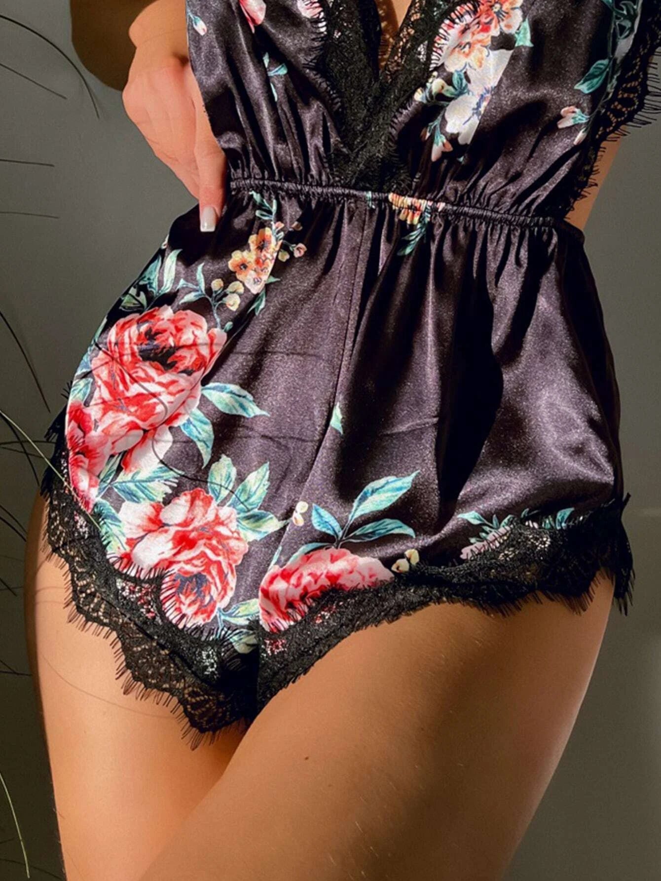 Floral Print Lace Trim Satin Teddy Bodysuit