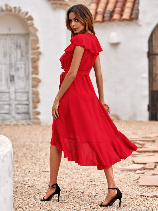 VCAY Solid Ruffle Trim Belted Wrap Dress