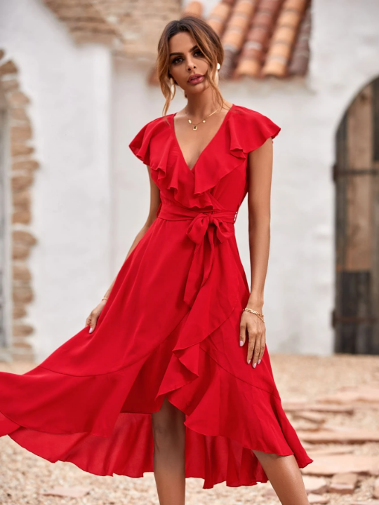 VCAY Solid Ruffle Trim Belted Wrap Dress