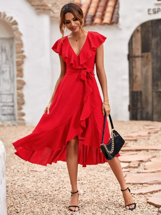 VCAY Solid Ruffle Trim Belted Wrap Dress